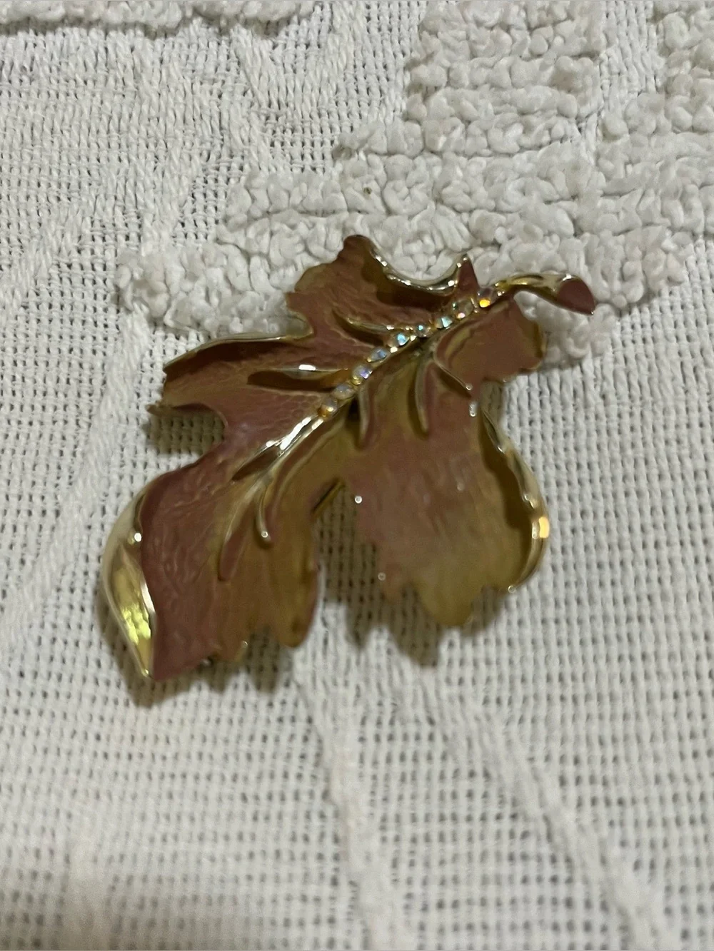 Gold-Tone Leaf Brooch with Pink/ Peach Enamel with Crystal Accents marked BSK